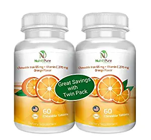 Chewable Iron 65 mg with Vitamin C 270 mg - Tablet in Orange Flavor 60 Count x 2 Bottles (Twin Pack)