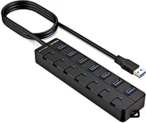 VEMONT USB HUB 3.0, Super Speed 7-Port USB Data Hub with Individual On/Off Switches and Power LED, with 4ft/1.2m Long Cable USB Extension for Laptop、PC Computer and More